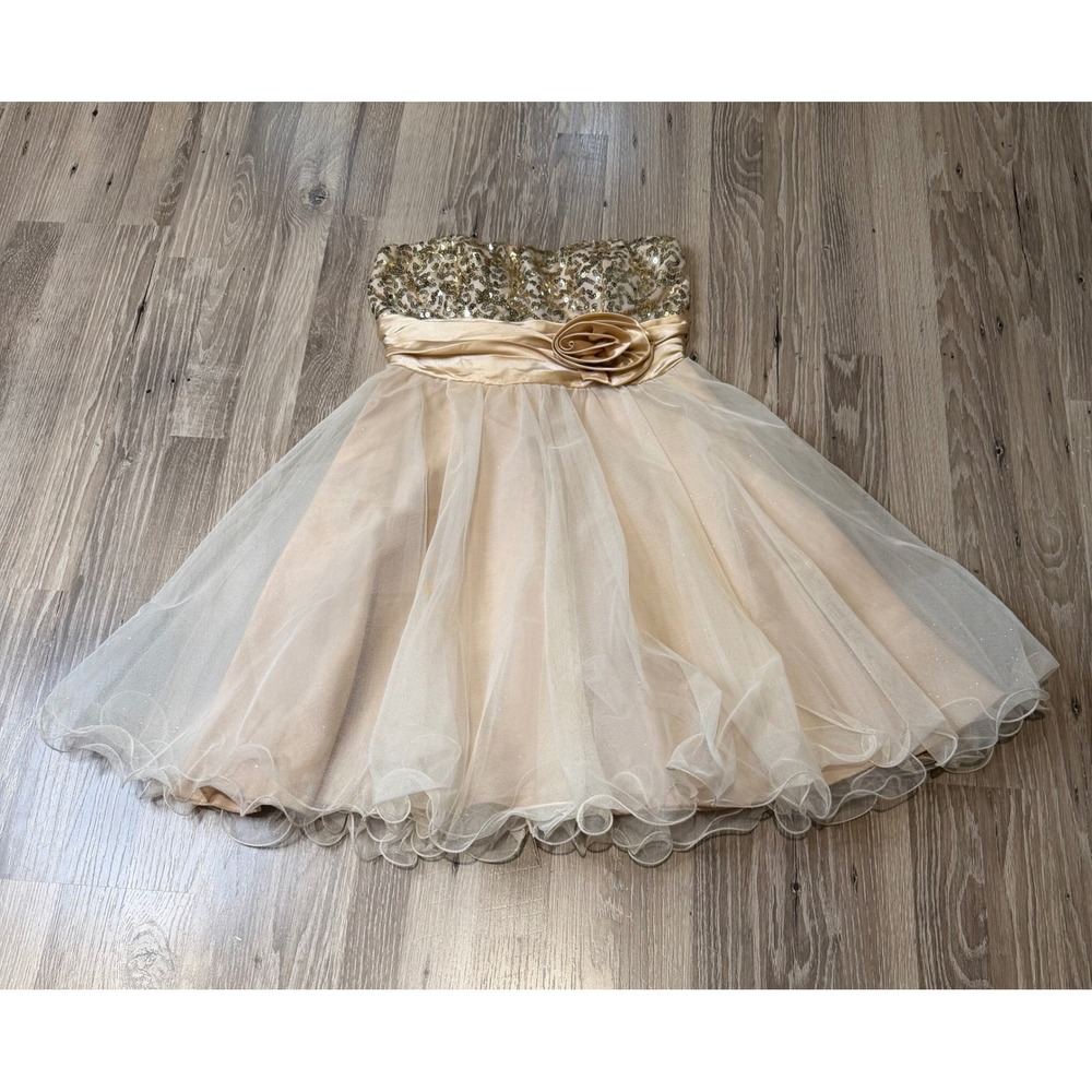 Studio Y Gold Sequin Tulle Strapless Homecoming Dress Size‎ 3/4 Y2K Princess